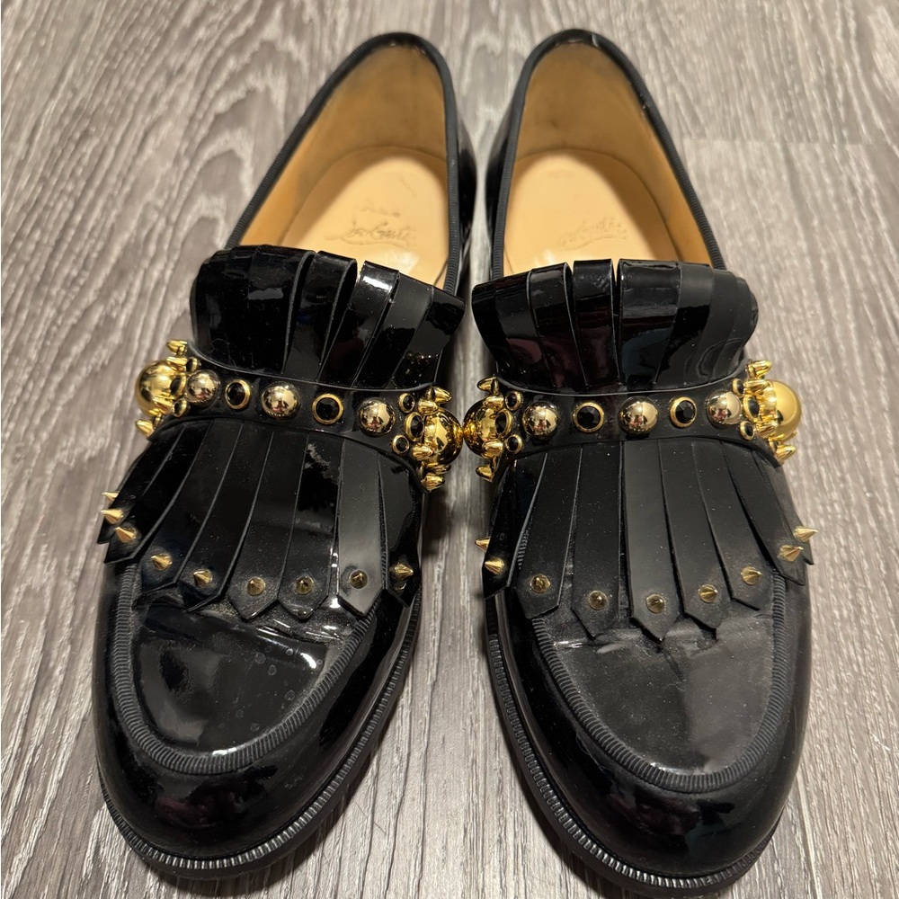 Christian Louboutin Black Patent Leather Loafers with Gold Studs